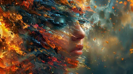 Wall Mural - Enigmatic Surreal Portrait: Vibrant Colors and Fantastical Details in High-Resolution Wallpaper with Dynamic Composition and Depth Perception