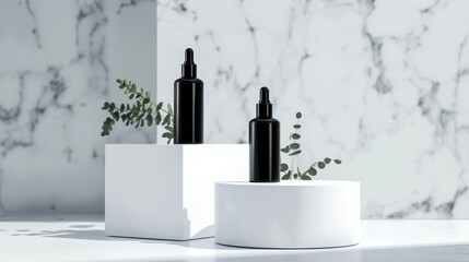 Wall Mural - Minimalist Skincare Bottles on White Pedestals