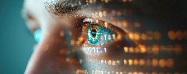 A close-up double exposure of a person's eyes with digital binary code, emphasizing technology and innovation in business