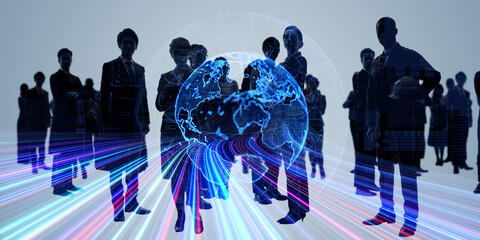 Aufkleber - Composited visual of group of multinational people and global communication network concept. Wide angle visual for banners or advertisements.