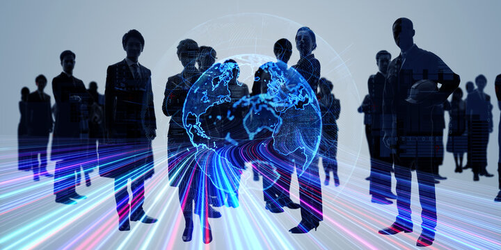 Composited visual of group of multinational people and global communication network concept. Wide angle visual for banners or advertisements.