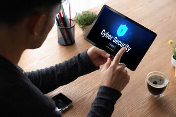 Poster - cyber security system on computer screen protect private information snugly from hacker and cyber at
