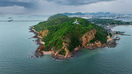 Wall Mural - landscape aerial view island oil industry and commercial port in thailand, drone photography.