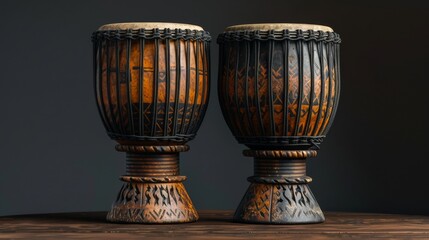 Two Carved Wooden Drums Sit Next to Each Other on a Black Background - Generative AI