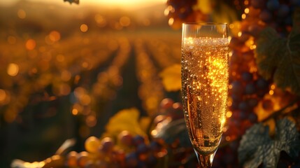 A Close up of a Glass of Champagne in Front of a Field of Grapes - Generative AI