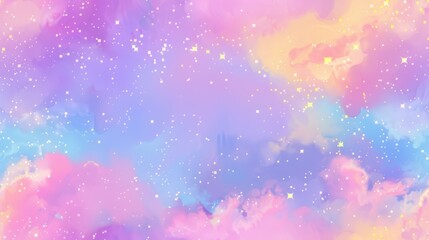 Dreamy pastel galaxy seamless pattern with sparkling stars on a gradient background of pink, purple, and blue hues, perfect for fantasy themes.