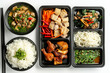 © javaistan - set of asian food bento on the black plate seafood, chicken and noodle with rice