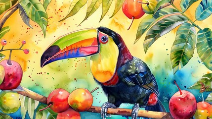 Wall Mural - A toucan perches on a branch in a tropical jungle, surrounded by lush leaves and fruit.