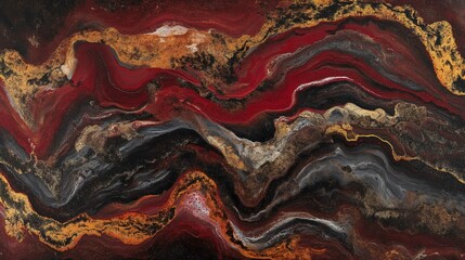 This is an abstract image characterized by fluid, wavy patterns and rich, deep colors. The primary color palette includes various shades of red, black, and gold, which blend together with smooth trans