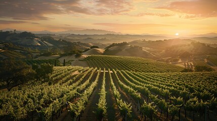 A Vineyard on a hill at sunset vineyard outdoors nature. copy space for text. image of garden.