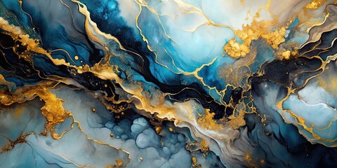 Luxurious abstract fluid art painting in alcohol ink with a mix of black, blue, and gold colors , luxury, abstract, fluid art