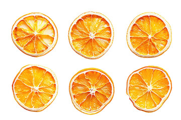 Set or collection of dry round orange slices isolated in a transparent background. Cut out or PNG. 