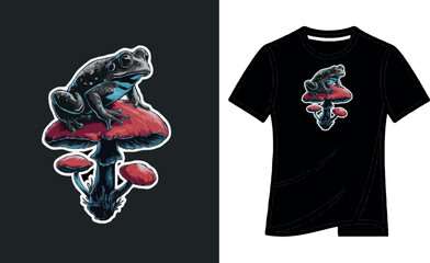 Sticker - vector t-shirt design a frog sitting on top of a red fly mushroom