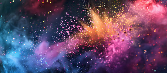 Wall Mural - Colorful powders splattered on a dark backdrop, capturing the vibrant explosion of multicolored glitter, perfect for a copy space image.