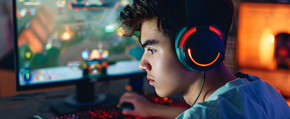 Wall Mural - young man playing game on computer, banner