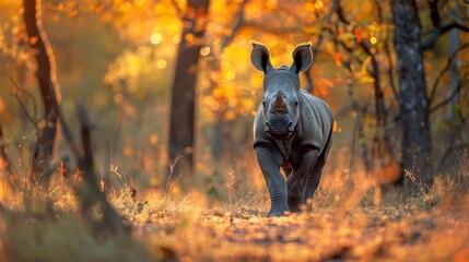 A Baby Rhino Walking Through a Field of Trees and Leaves in the Fall - Generative AI