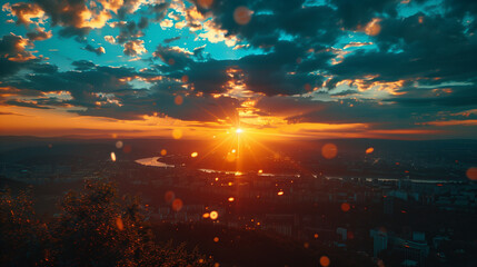 Wall Mural - Cityscape at Dusk from Mountain Top with Radiant Sky: HD Film Photo