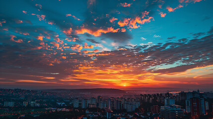 Wall Mural - Cityscape at Dusk from Mountain Top with Radiant Sky: HD Film Photo