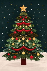 Wall Mural - A vintage poster illustration celebrating Christmas with deep red and green hues featuring an elegant Christmas tree adorned with twinkling lights 