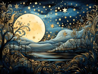 abstract paintings of the sea, clouds, moon, stars and trees in elegant blue and gold tones.