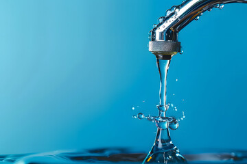 Wall Mural - Drop of water coming out of water tap on blue background with copy sapce