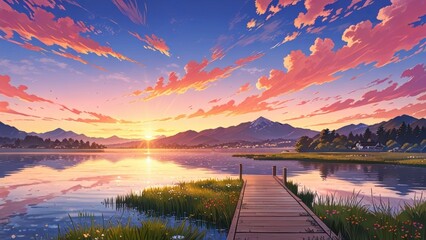 Poster - Wooden pathway leading to serene lake at sunset, surrounded by mountains and vibrant clouds reflecting in the water. Anime art style