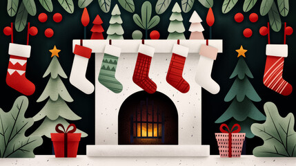 Wall Mural - A vintage poster illustration celebrating a festive Christmas with deep red and green hues featuring a cozy fireplace and stockings hung with care 