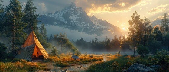 Wall Mural - A Cozy Campsite in the Misty Mountains at Sunset
