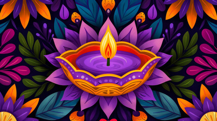 Wall Mural - A vintage poster illustration depicting the colorful celebration of Diwali with shimmering purple and gold hues showcasing a radiant diya and intricate henna patterns 