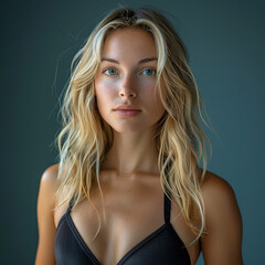 Wall Mural -  a blonde woman with abdominal muscles, on plain blue studio background, with empty copy space