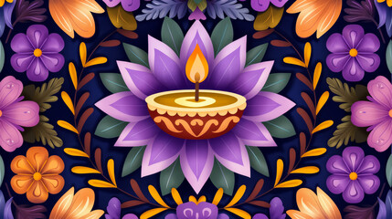 Wall Mural - A vintage poster illustration showcasing a festive Diwali night with vibrant purple and golden hues featuring a radiant diya and intricate rangoli 