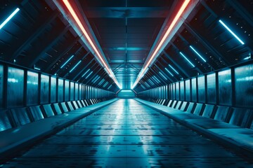 Futuristic corridor with neon lights.