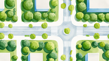 Top view of an abstract city landscape with parks buildings roads and bridges in watercolour sketches empty space for text 