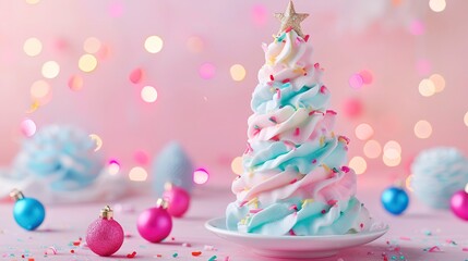 Wall Mural - Sweet ice cream pastel Christmas tree. Festive Christmas and New Year holiday season baking idea. Delicious Ice cream in a magical xmas Candyland