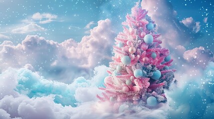 Wall Mural - Sweet cotton candy pastel Christmas tree in dreamy Candy land. Festive Christmas and New Year holiday season creative banner. Stylish trendy idea for party decoration or invitation card. 