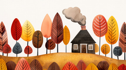 Canvas Print - Watercolor illustration A cozy autumn scene with a watercolor cabin surrounded by trees with golden and red leaves smoke rising from the chimney 