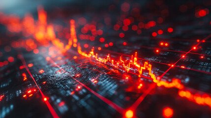 Poster - A red and blue image of a graph with many lines and dots. The image has a futuristic and technological feel to it