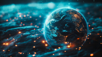 Poster - Urban cityscape featuring a central technological globe, demonstrating futuristic technology and digital advancements in a city setting.