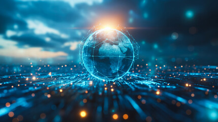 Poster - Advanced technology globe positioned in the heart of a cityscape, representing a high-tech concept within a modern urban environment.