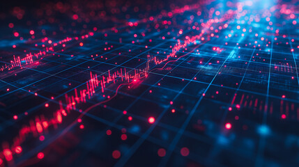 Poster - 3D financial candlestick chart on blue grid background, emphasizing stock market growth and economic trends.