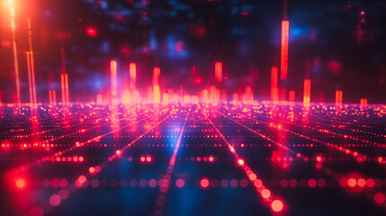 Poster - 3D financial candlestick chart on blue grid background, emphasizing stock market growth and economic trends.