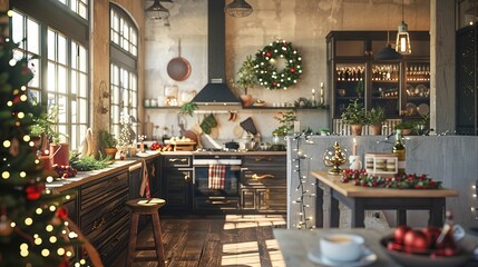 Poster - Cozy open plan kitchen decorated for Christmas. Interior design