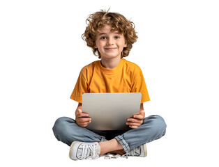 Boy sitting with laptop on white 

