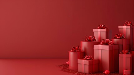 Sticker - Minimal red background Christmas with christmas gifts. Room in the 3d. For backdrop, Space for product and text. 3d render. 