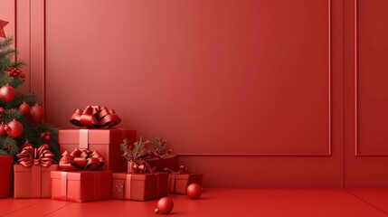 Sticker - Minimal red background Christmas with christmas gifts. Room in the 3d. For backdrop, Space for product and text. 3d render. 