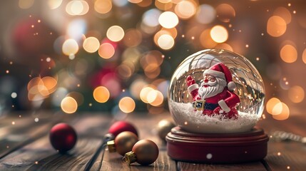 Poster - Cute Santa Claus in a snow globe sphere glass bottle decoration on a wooden floor with blur Christmas tree and bokeh lights banner background 