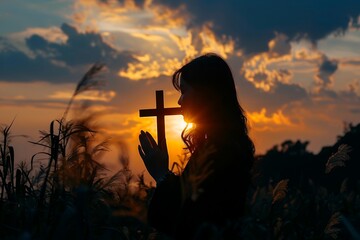 Silhouette of woman praying with cross in hand at sunset, Christian concept. Silhouettes and hands with cross symbol isolated on background. photography shot using Canon EOS R5 f/20 ISO480