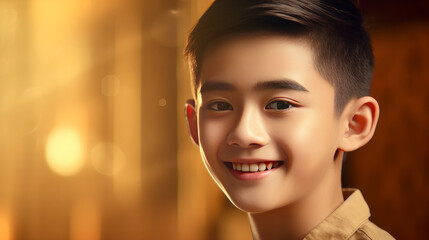 Portrait of a cute handsome happy Asian teenager guy with perfect skin, golden background, banner.