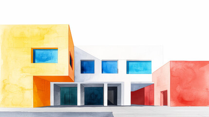 Canvas Print - Watercolor illustration of a modern art museum with unique architecture and colorful walls white background 