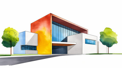 Poster - Watercolor illustration of a modern art museum with unique architecture and colorful walls white background 